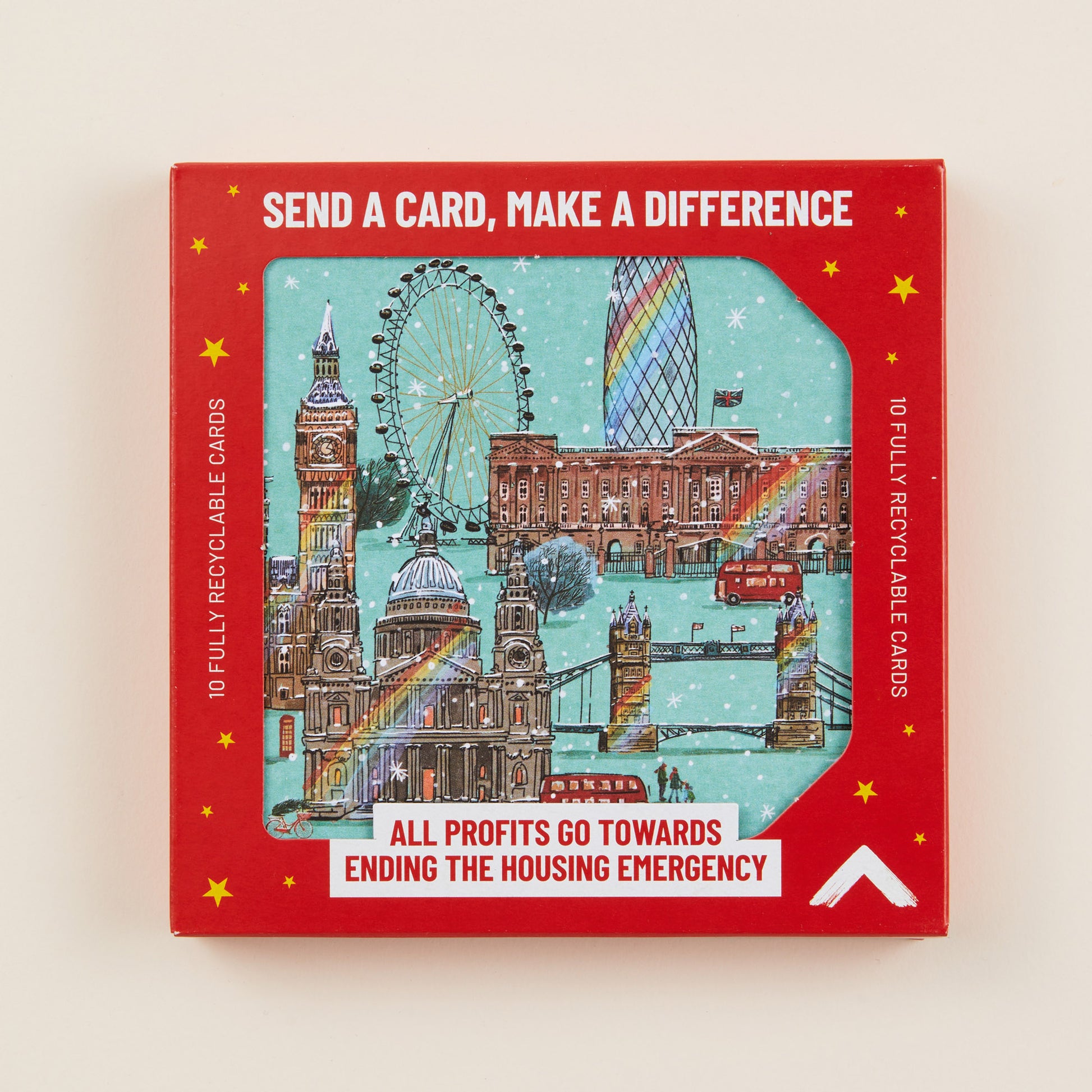 Pack of cards with a colorful illustration of a cityscape and text on a red background