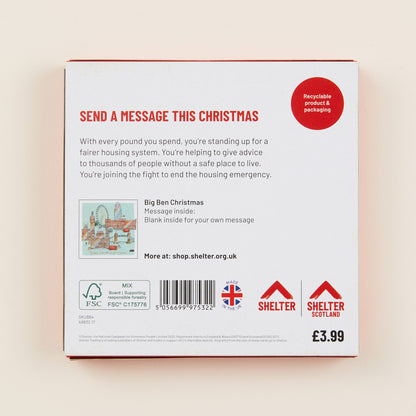 Back of a product packaging with text and branding, featuring Shelter logo on a beige background.