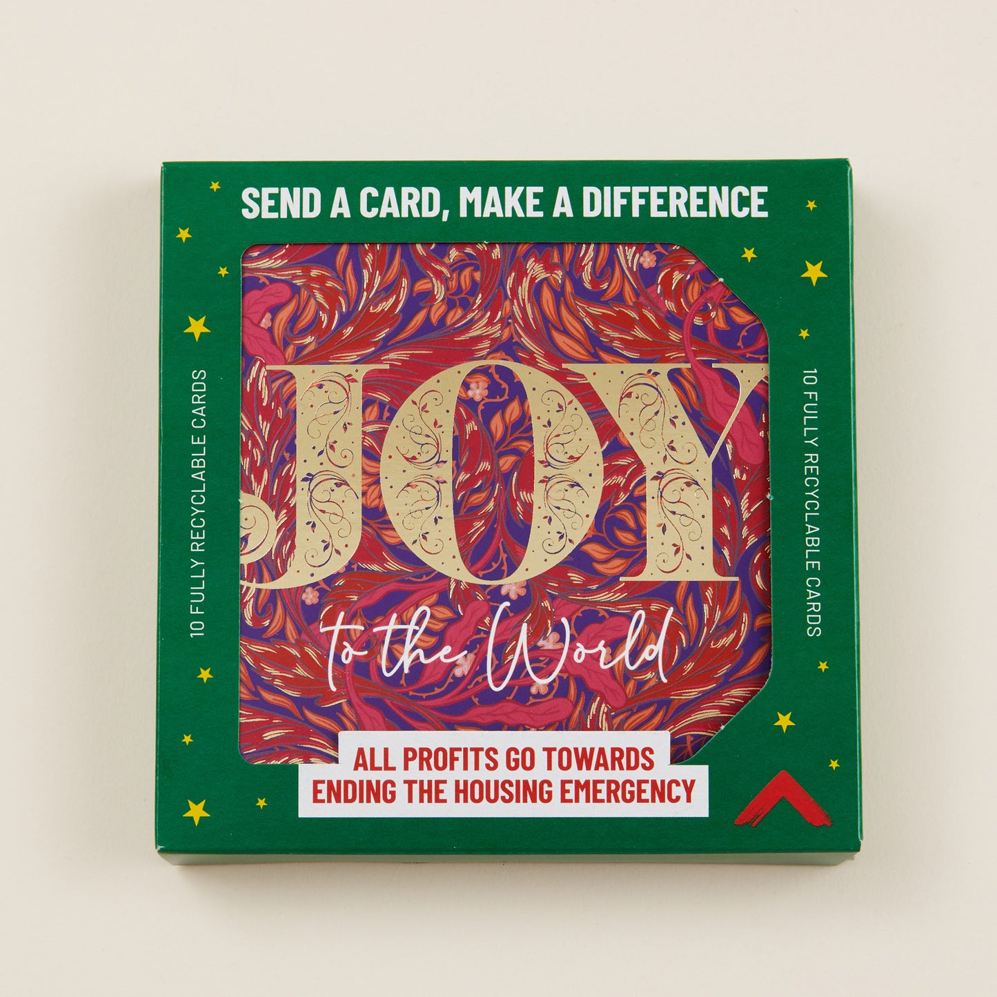 Pack of Christmas cards with 'Joy to the World' design and green border on a beige background