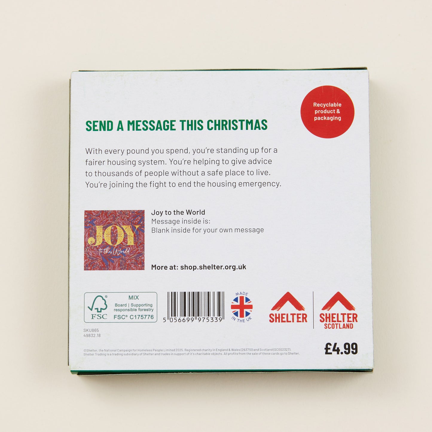 Back of product packaging box with text and branding for Shelter on a beige background