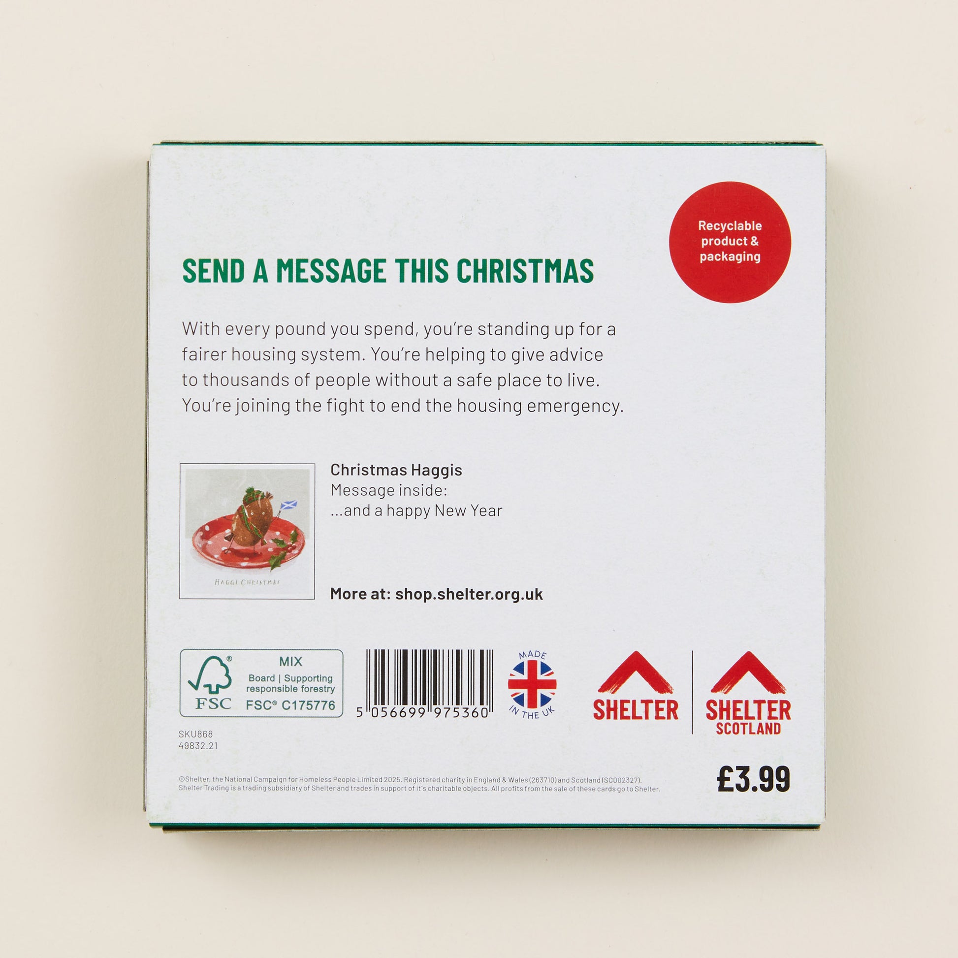 Back of Christmas card packaging with text and Shelter branding.