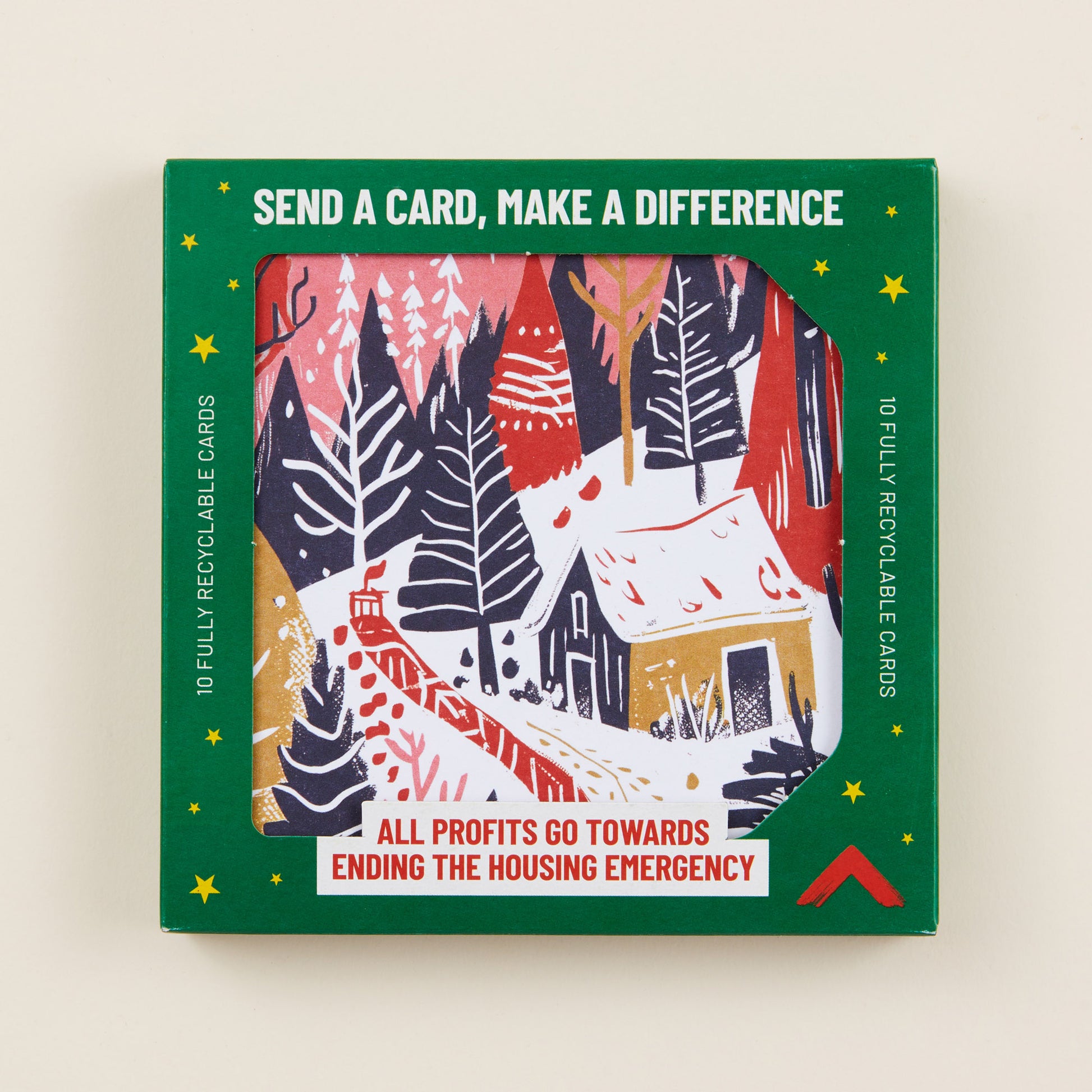 Pack of Christmas cards with a forest design and green box on a beige background