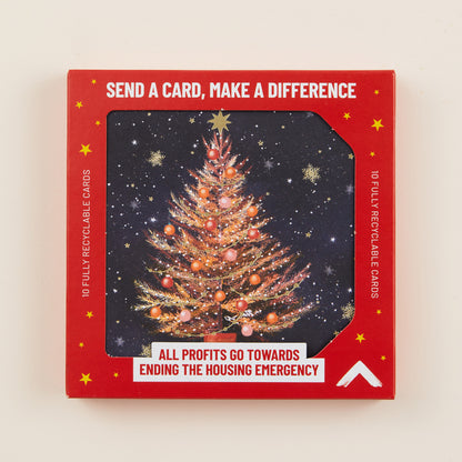 Red box of Christmas cards with a tree design and text on a beige background