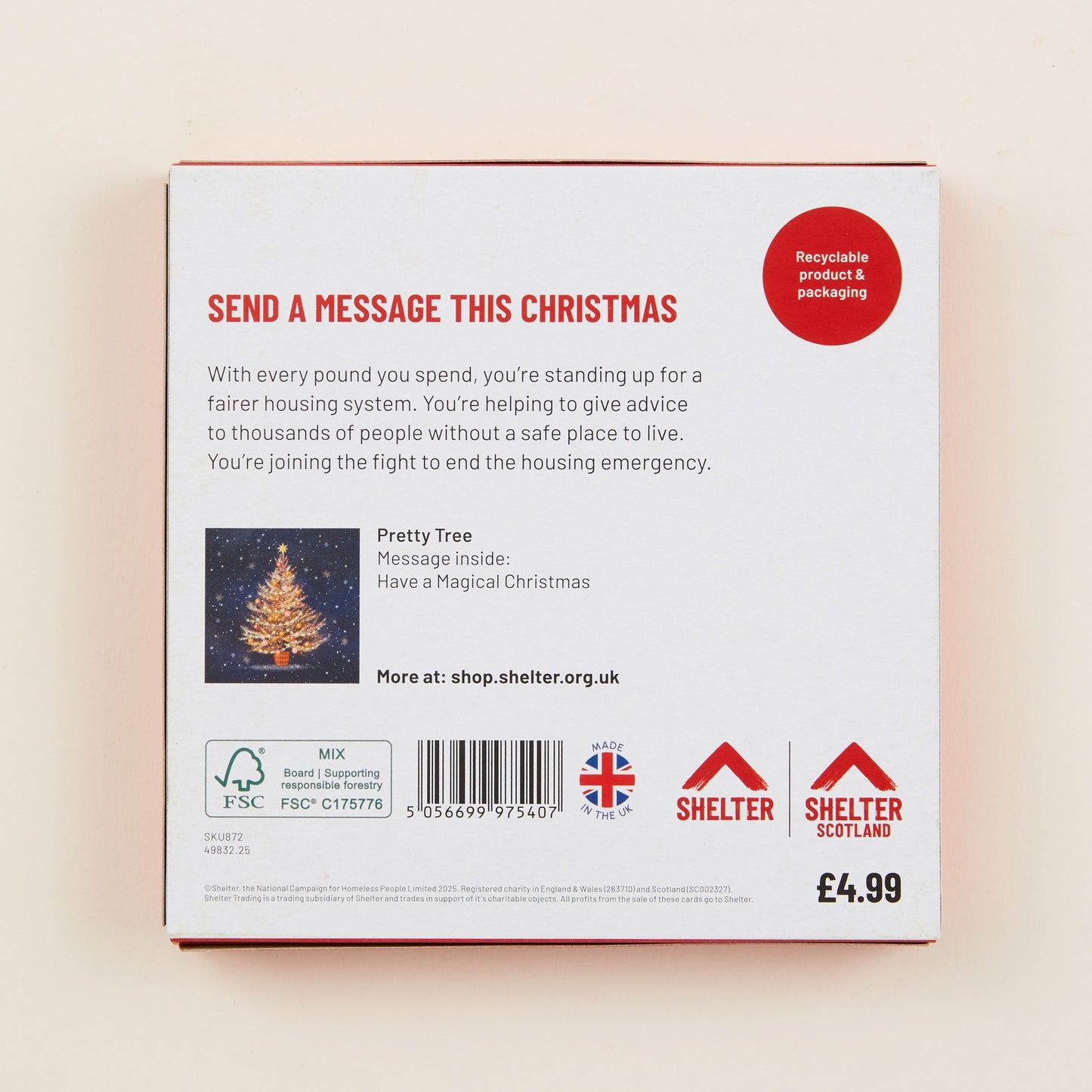 Back of Christmas cards packaging with text and Shelter logos.