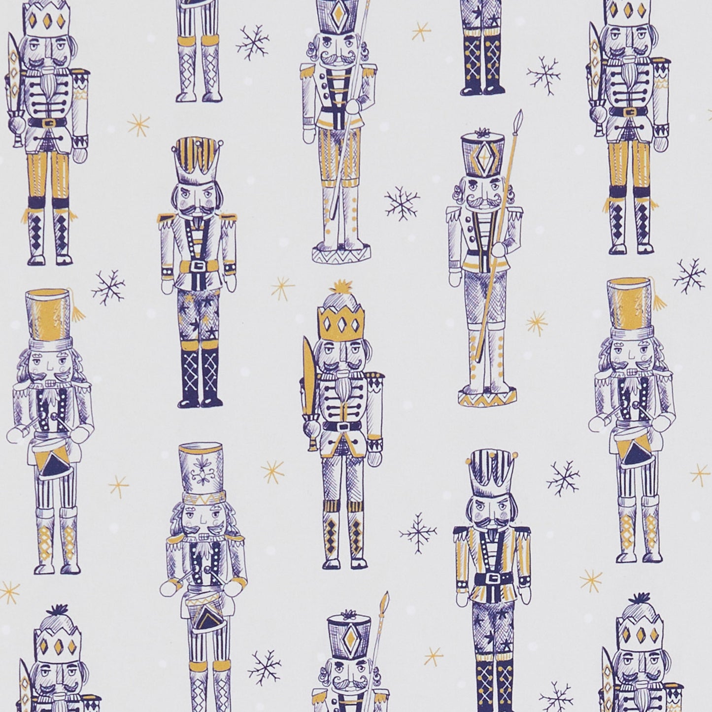 Pattern of nutcrackers on a light blue background with snowflakes and stars.