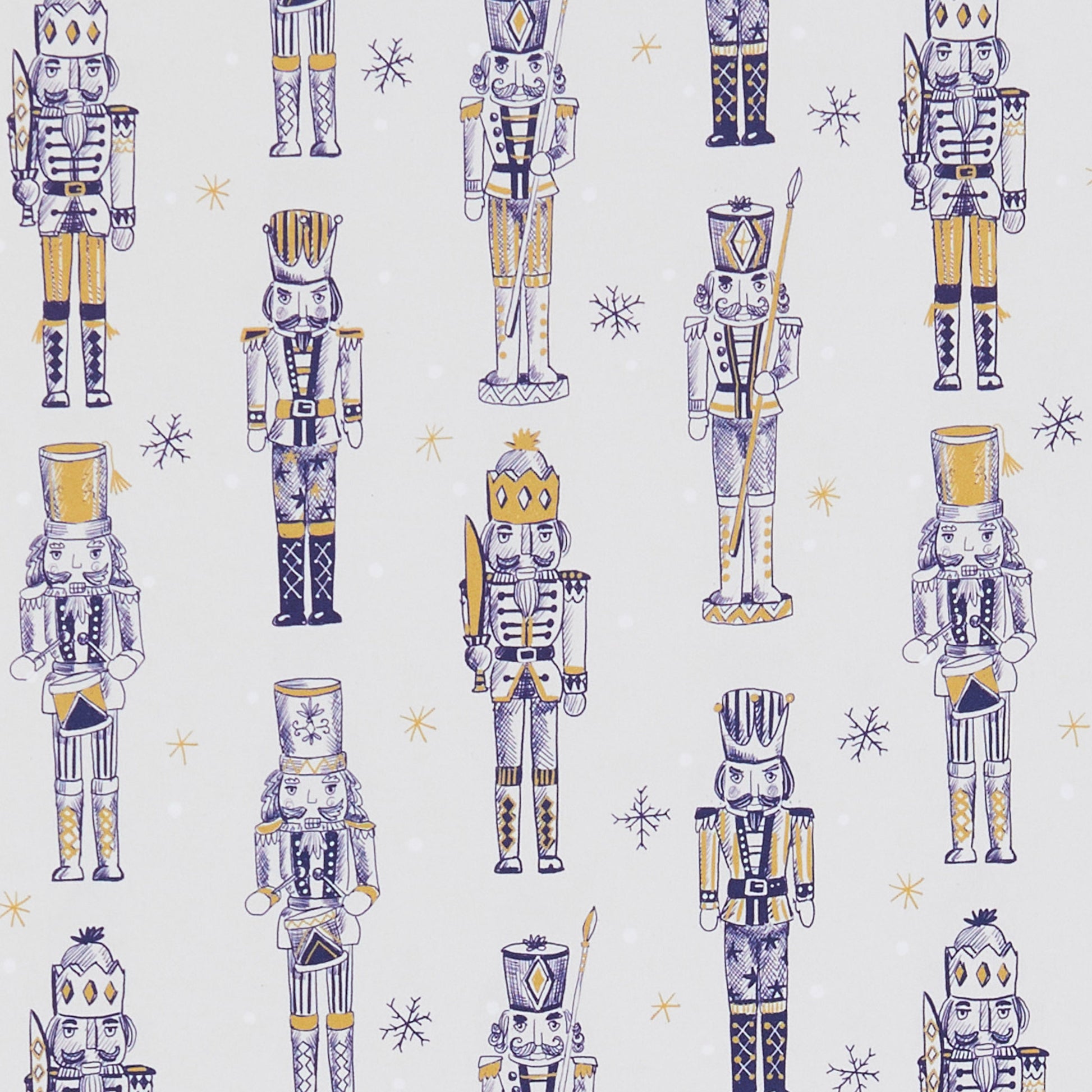 Pattern of nutcrackers on a light blue background with snowflakes and stars.