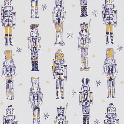 Pattern of nutcrackers on a light blue background with snowflakes and stars.