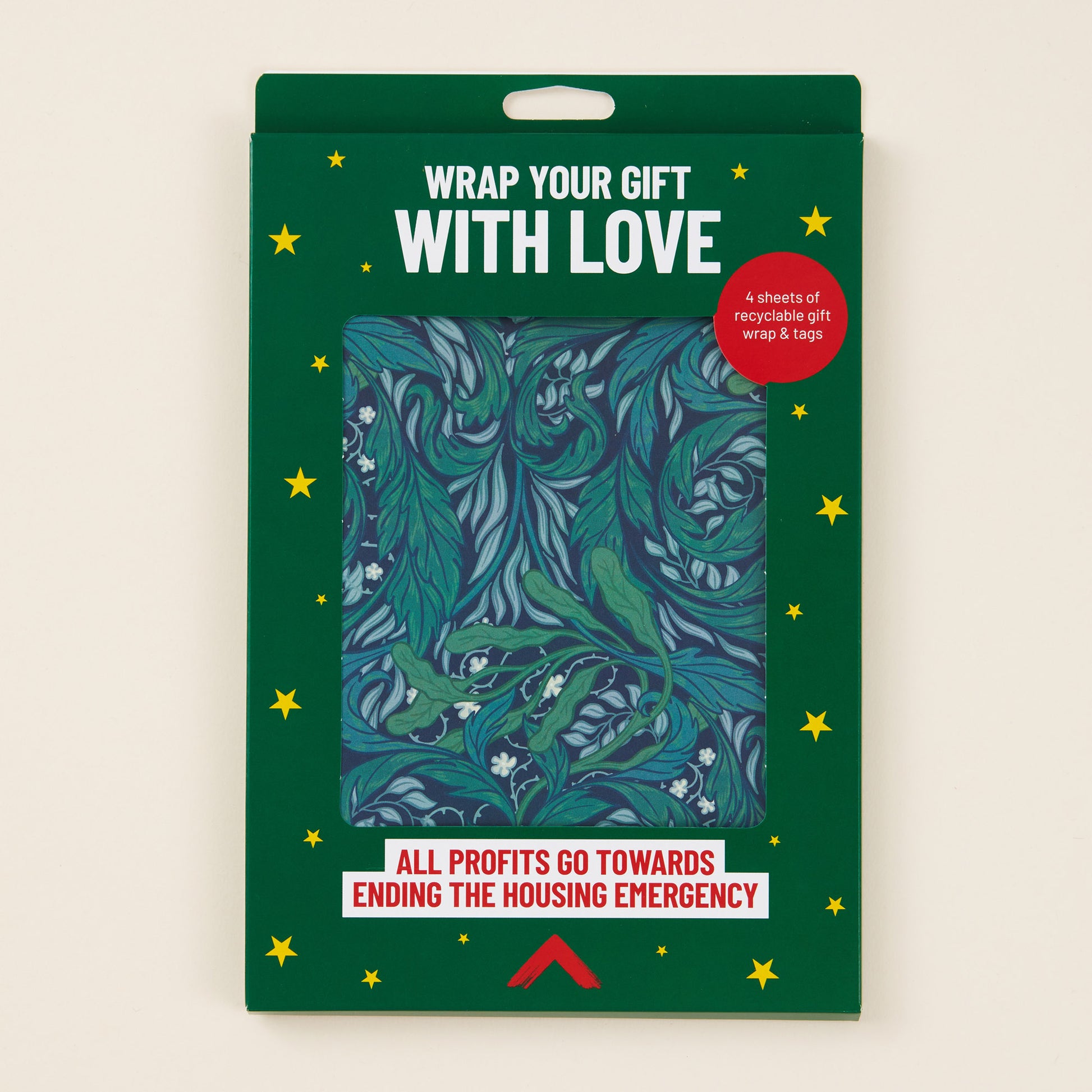 Gift wrap with green design and text on a beige background