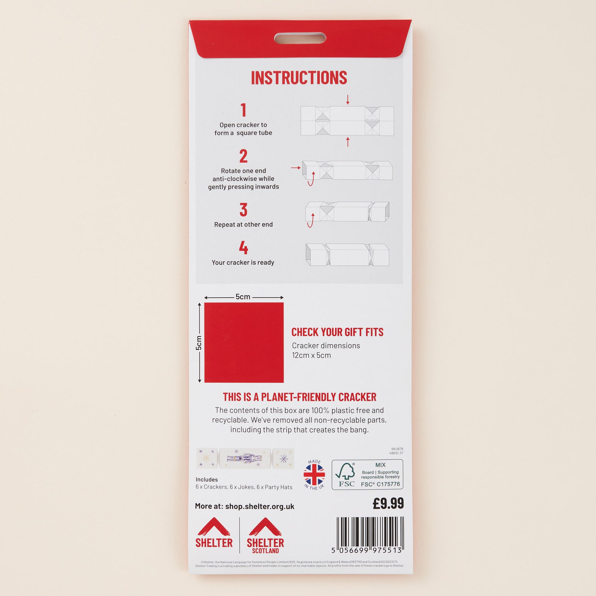 Instructions for Christmas crackers on back of packaging with red and white design on a beige background