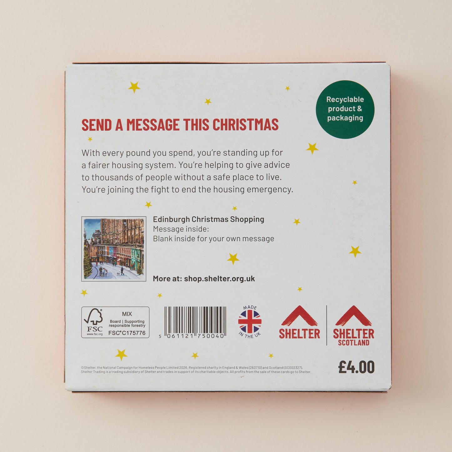 The back of a white cardboard box for Edinburgh Christmas Shopping, featuring red and black text, a green 'Recyclable product & packaging' badge, and Shelter Scotland logos at the bottom.