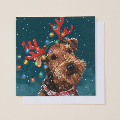 A square greeting card featuring a painted wirehaired dog with red reindeer antlers and multicolored Christmas lights, shown with a white envelope on a light beige background.