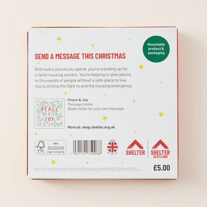 The back of a white rectangular box with red border and text, featuring holiday-themed messaging about housing support, a small illustrated card design, a barcode, and Shelter logos. The box is photographed against a warm off-white background.