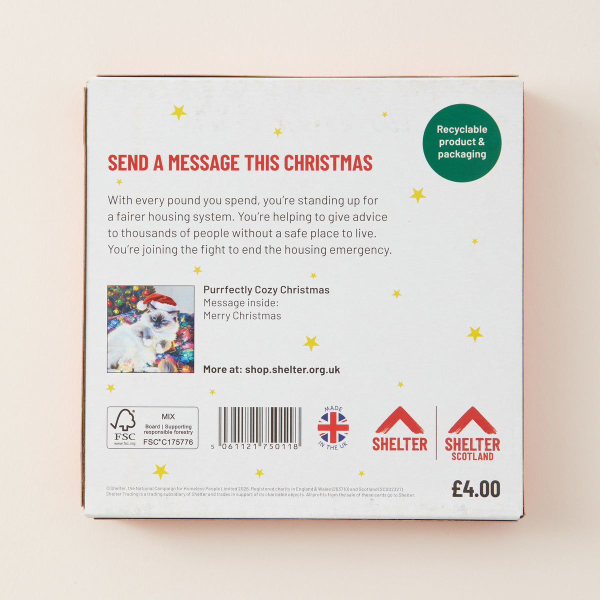 The back of a white cardboard Christmas message card package, featuring red and black text, a green 'Recyclable product & packaging' badge, and Shelter Scotland logos at the bottom.