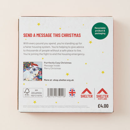 The back of a white cardboard Christmas message card package, featuring red and black text, a green 'Recyclable product & packaging' badge, and Shelter Scotland logos at the bottom.
