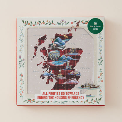 A square card set in decorative packaging, featuring a map of Scotland collage with red, blue, and gray illustrated elements on a light background. The package has a floral border, a green circular badge reading '10 Recyclable cards,' and text at the bottom that says 'ALL PROFITS GO TOWARDS ENDING THE HOUSING EMERGENCY.