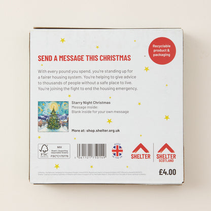 Back of a 'Starry Night Christmas' message card package, showing text, a barcode, a small illustration of a Christmas tree, and Shelter branding on a light beige background.