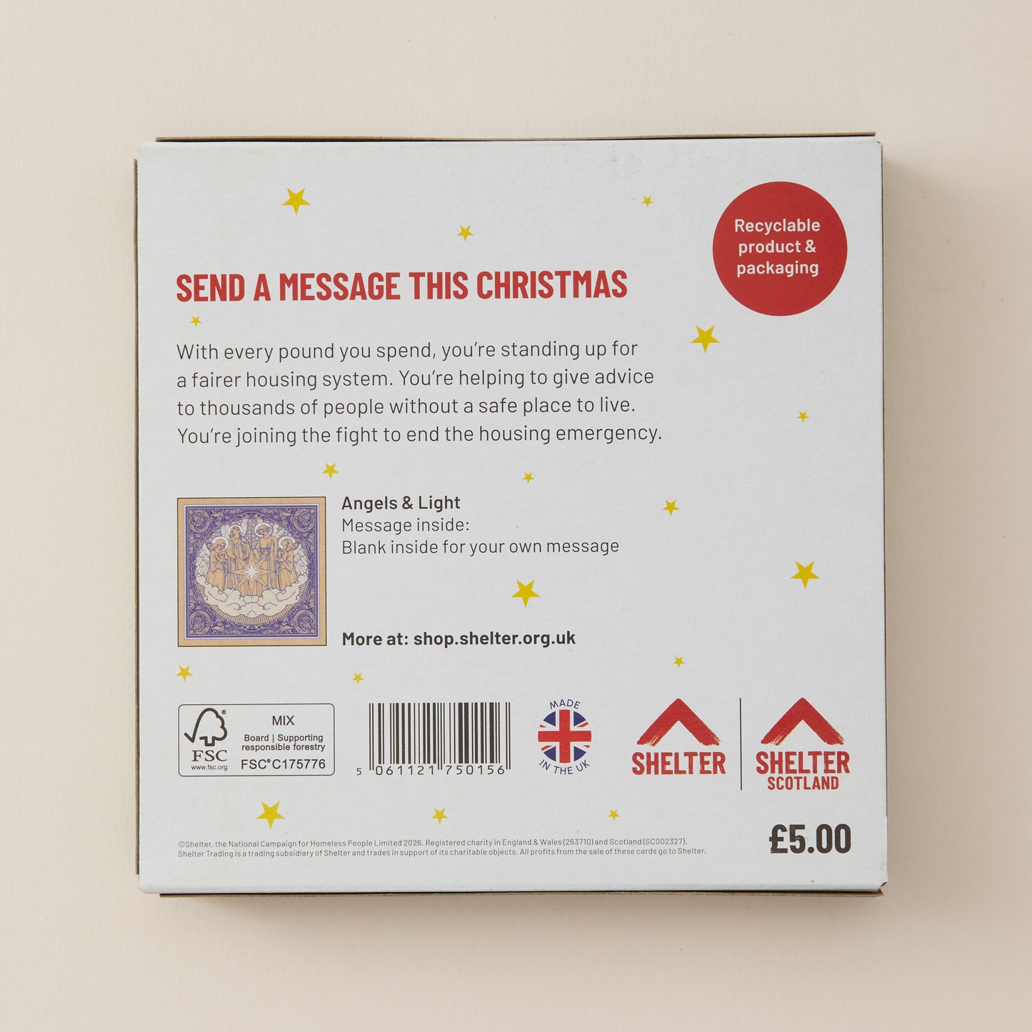 The back of a white cardboard box for Angels & Light message cards, featuring red and black text, a small sample card illustration, recycling and UK certification logos, and Shelter Scotland branding.
