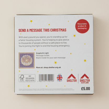 The back of a white cardboard box for Angels & Light message cards, featuring red and black text, a small sample card illustration, recycling and UK certification logos, and Shelter Scotland branding.
