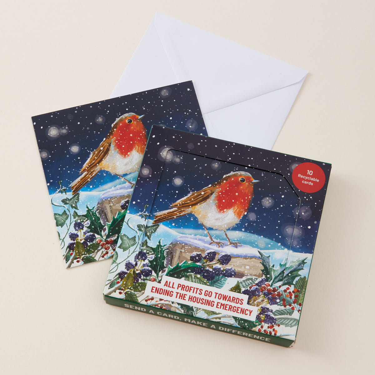 A Christmas-themed card set featuring two square greeting cards with robin illustrations and a white envelope behind them, photographed on a light beige background.