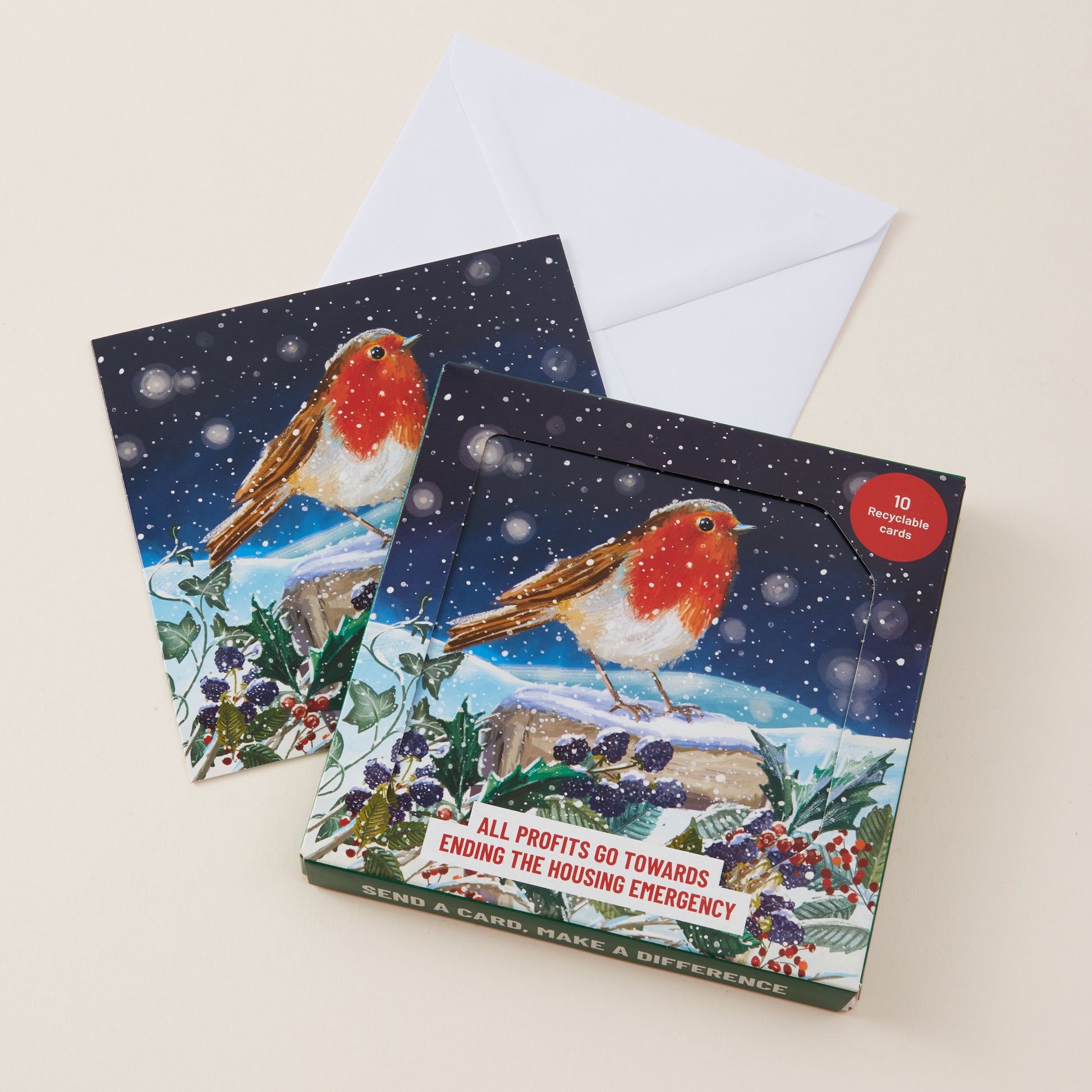 A Christmas-themed card set featuring two square greeting cards with robin illustrations and a white envelope behind them, photographed on a light beige background.