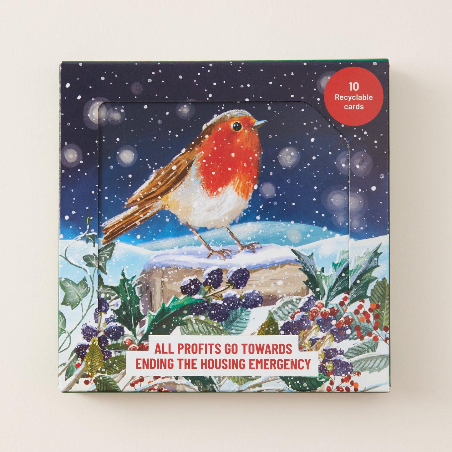 A square Christmas-themed card box with a robin perched on a snowy stone in a winter scene. The box has a red circular badge reading '10 Recyclable cards' and a white banner at the bottom that says 'ALL PROFITS GO TOWARDS ENDING THE HOUSING EMERGENCY'.