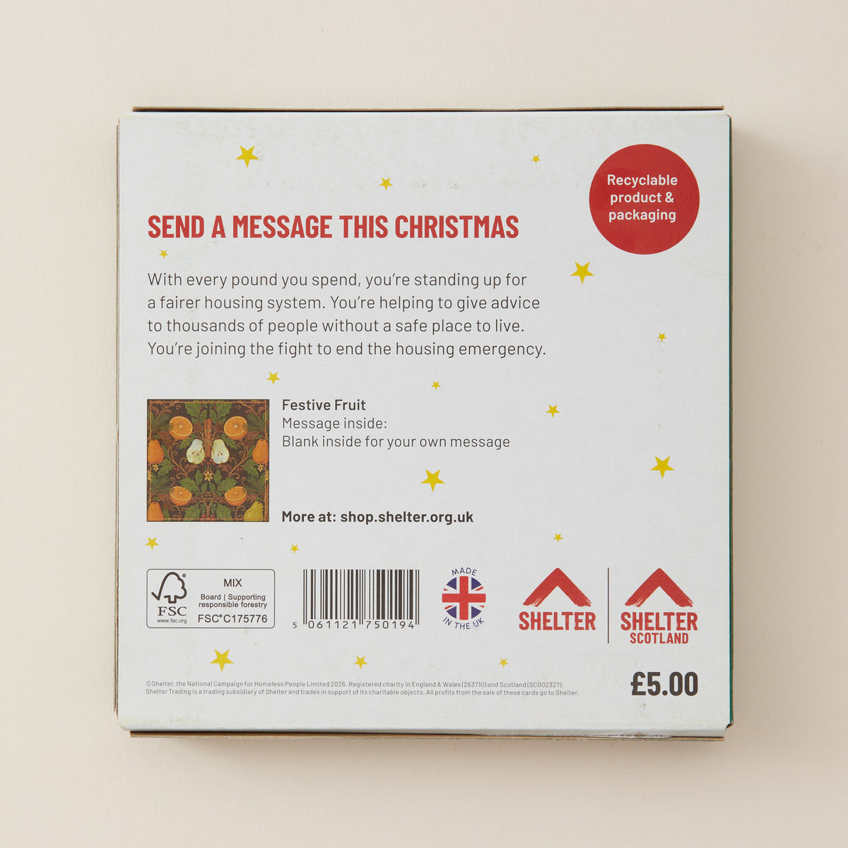 The back of a white cardboard box for 'Festive Fruit' holiday gift packaging, featuring a message writing feature, a red circular 'Recyclable product & packaging' badge, and Shelter Scotland logos.