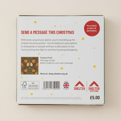 The back of a white cardboard box for 'Festive Fruit' holiday gift packaging, featuring a message writing feature, a red circular 'Recyclable product & packaging' badge, and Shelter Scotland logos.