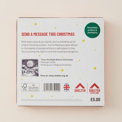 The back of a white Christmas message card or gift box from Shelter UK, featuring red and green text, a small illustration, a barcode, and recycling and UK logos on a light beige background.