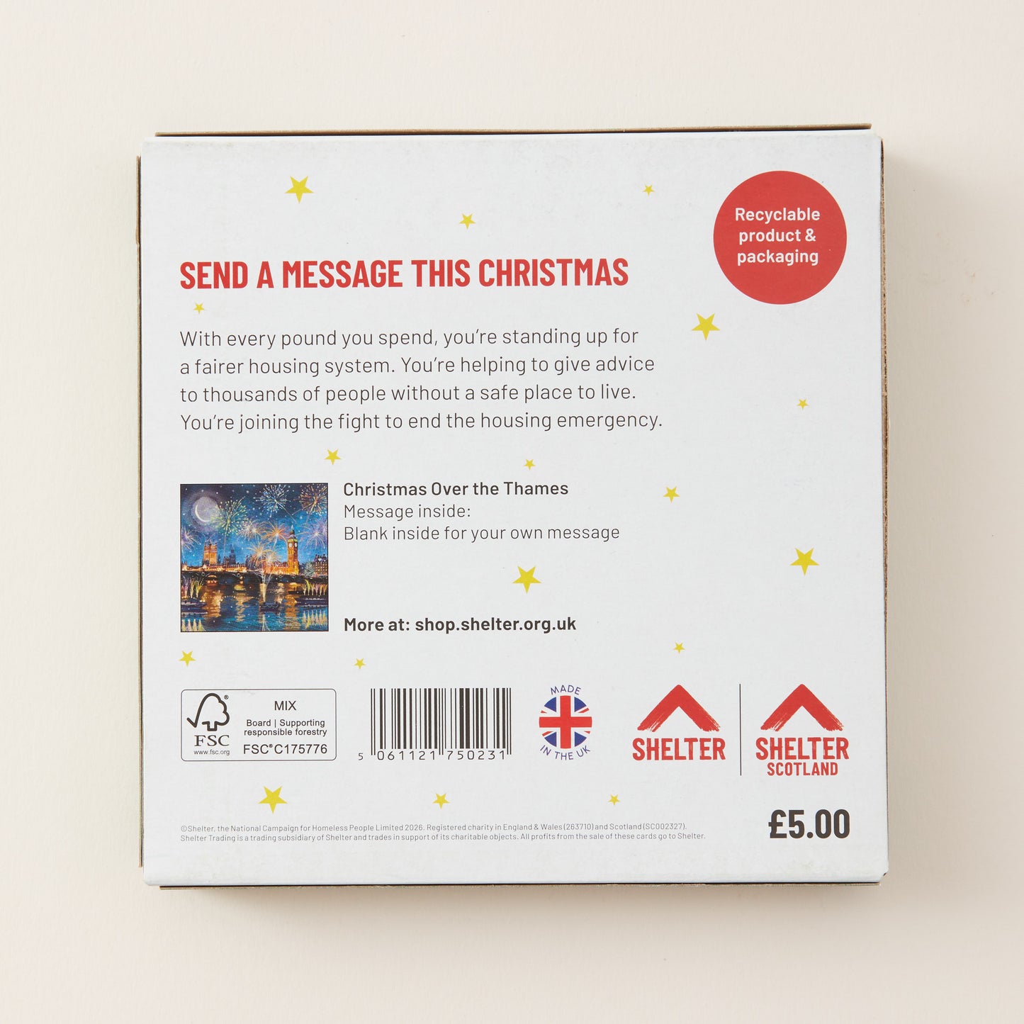 The back of a cardboard message box for Shelter, featuring a message space, a barcode, recycling and FSC logos, and a red circular badge that says 'Recyclable product & packaging'.