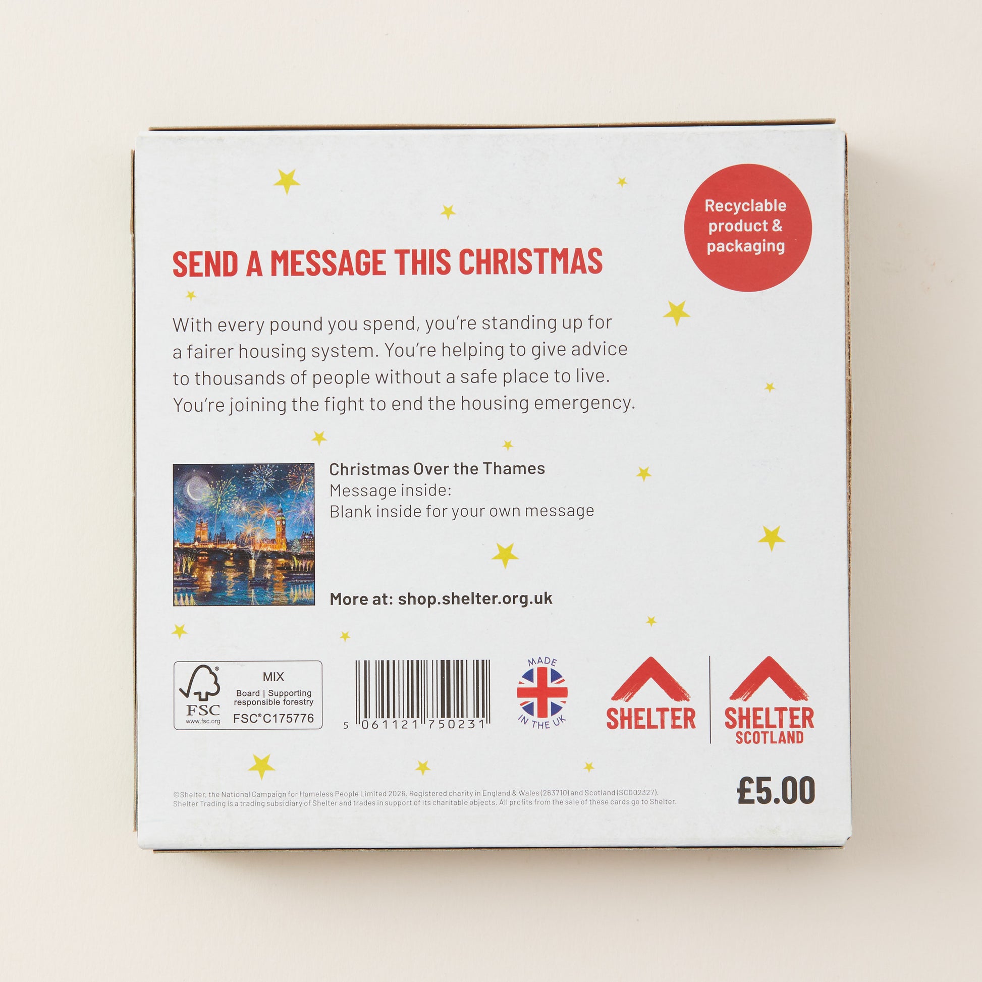 The back of a cardboard message box for Shelter, featuring a message space, a barcode, recycling and FSC logos, and a red circular badge that says 'Recyclable product & packaging'.