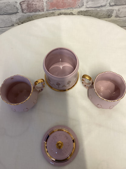 Pink Hand Painted Porcelain tea cups and sugar bowl set