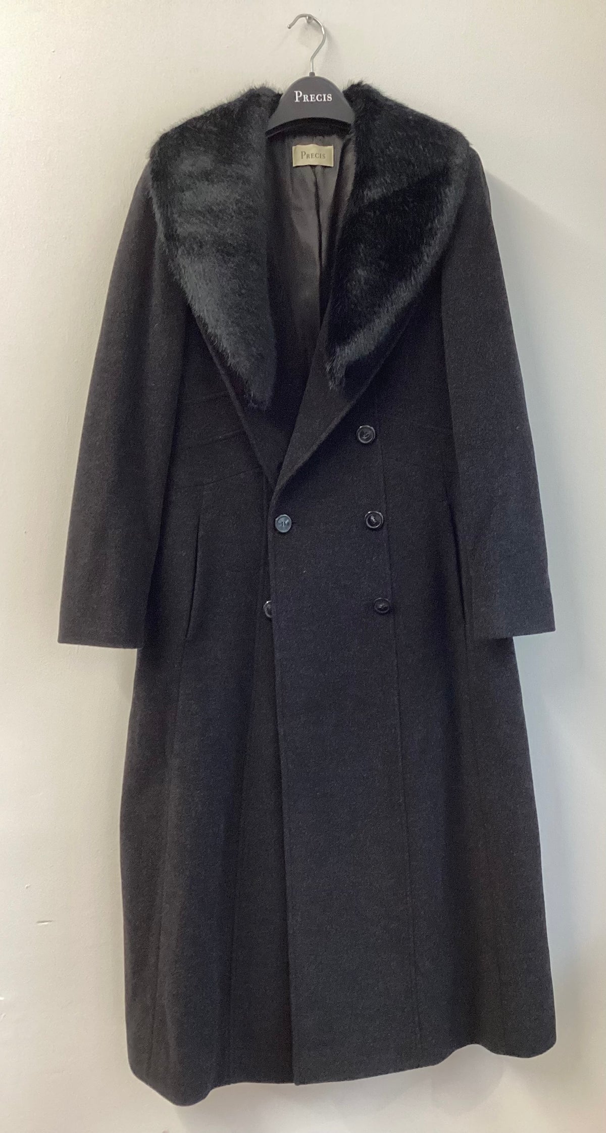 Precis, Long Winter Coat, Merino Wool and Cashmere Blend, UK Size 10, Black, Removable Collar