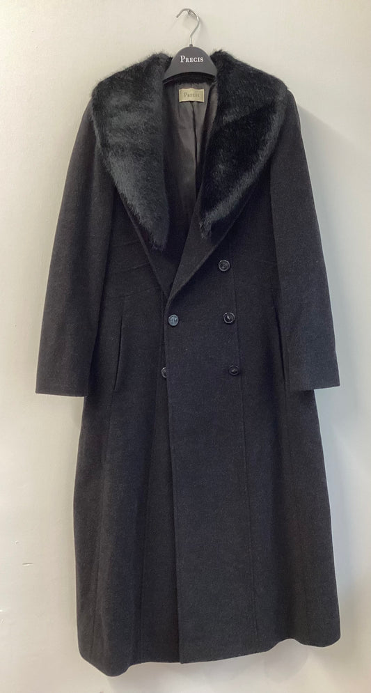 Precis, Long Winter Coat, Merino Wool and Cashmere Blend, UK Size 10, Black, Removable Collar