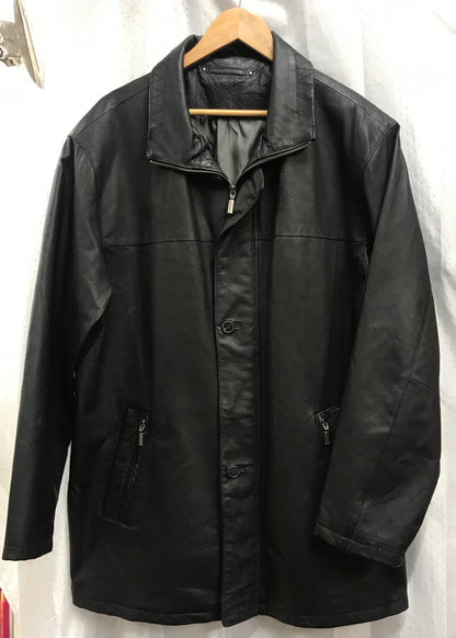 Men's Black Leather Coat 54 Chest Excellent Condition