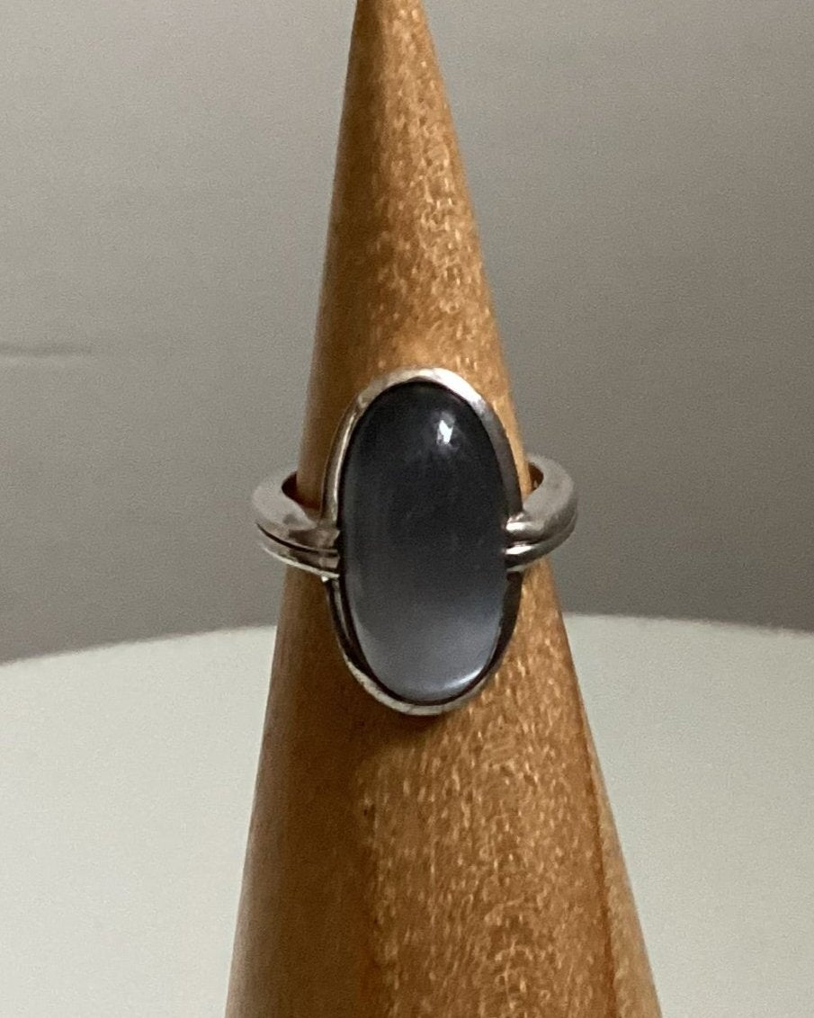 Antique 925 Sterling Silver Black and Grey Glass Ring, Size M