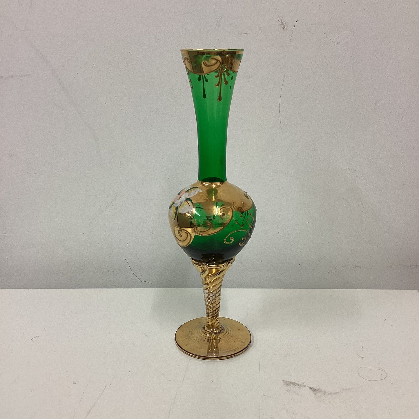 Gold Green Floral Murano Glass Bud Vase