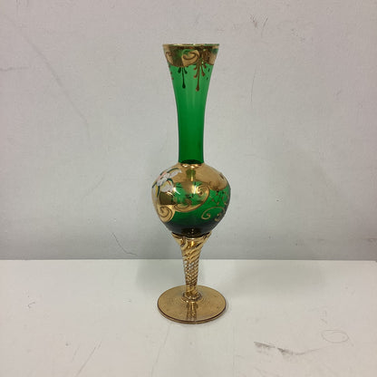 Gold Green Floral Murano Glass Bud Vase