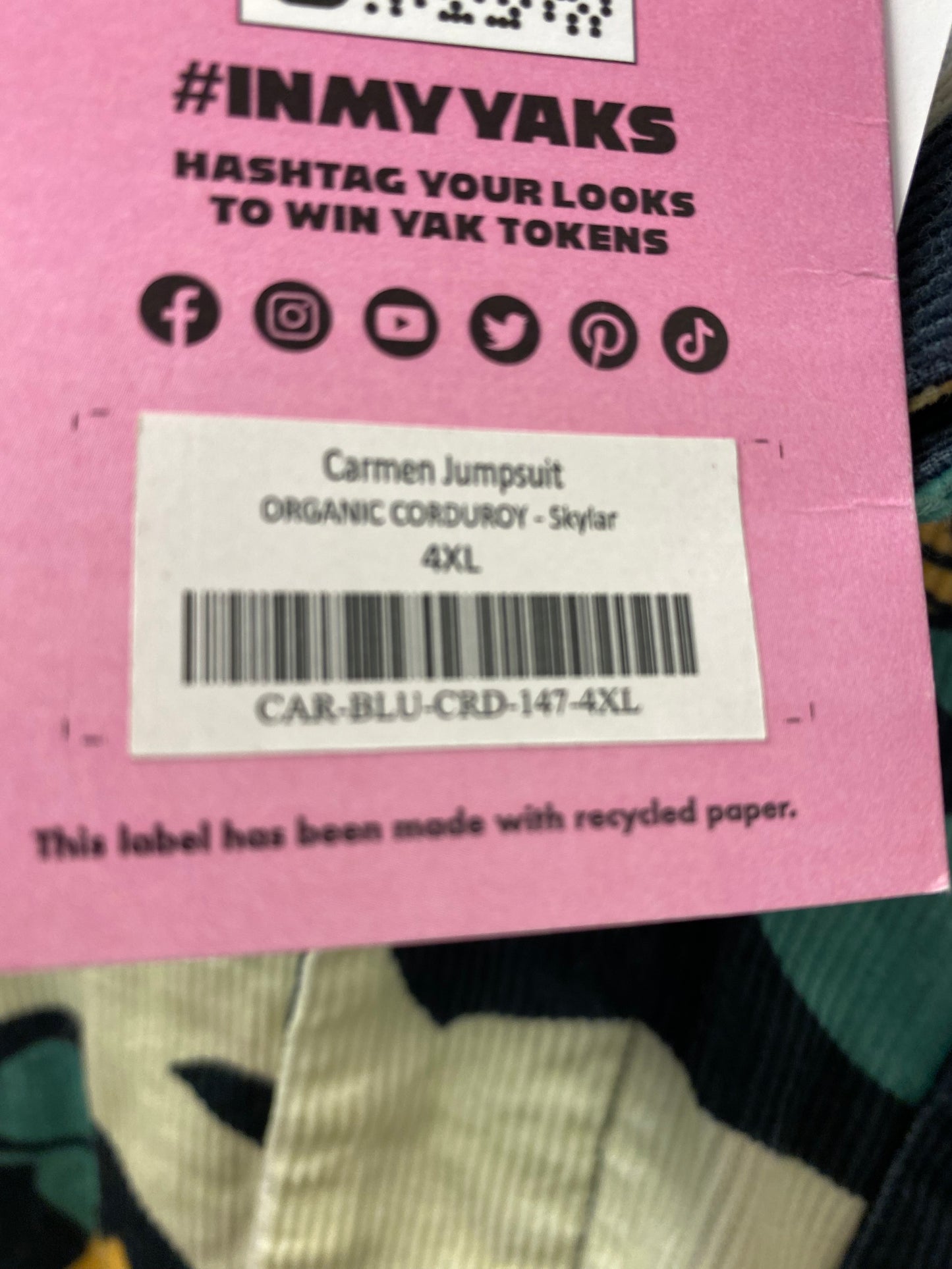 BNWT Lucy and Yak Carmen Jumpsuit Organic Corduroy Skylar Size 4XL