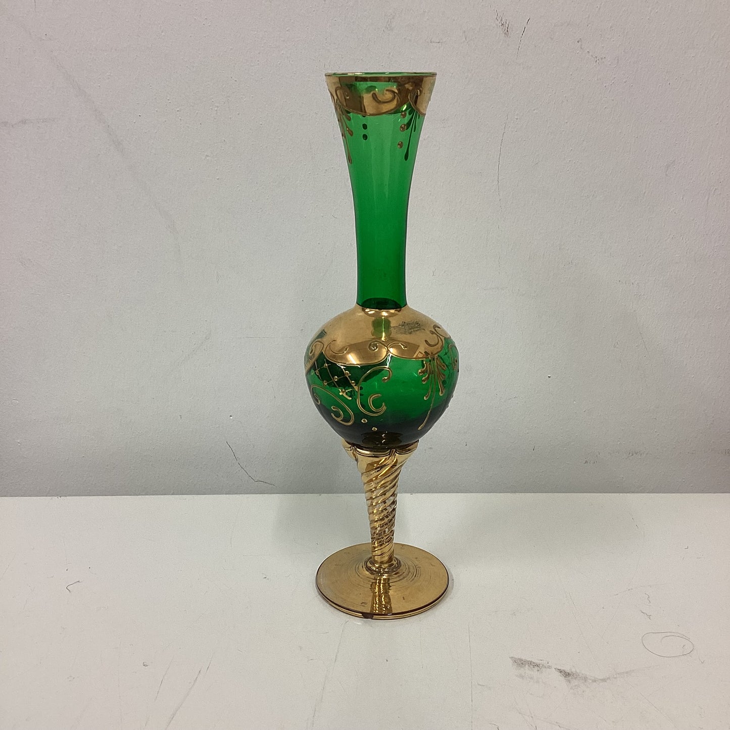 Gold Green Floral Murano Glass Bud Vase