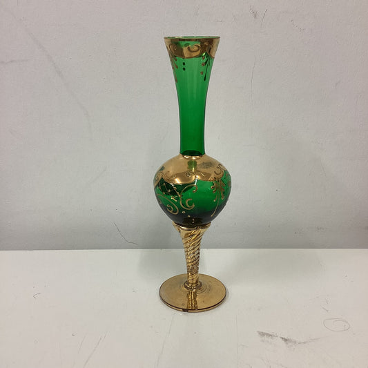 Gold Green Floral Murano Glass Bud Vase