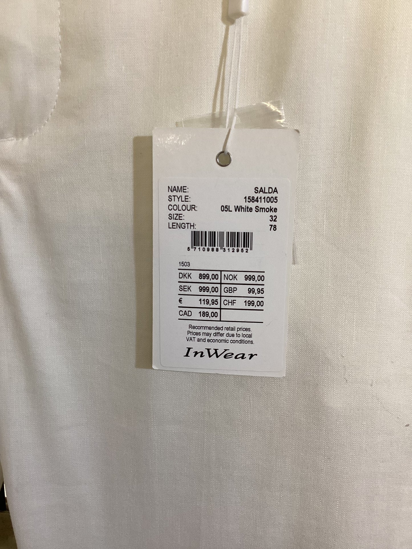 InWear, White Smoke, Trouser, Size 6, 53% Linen BNWT