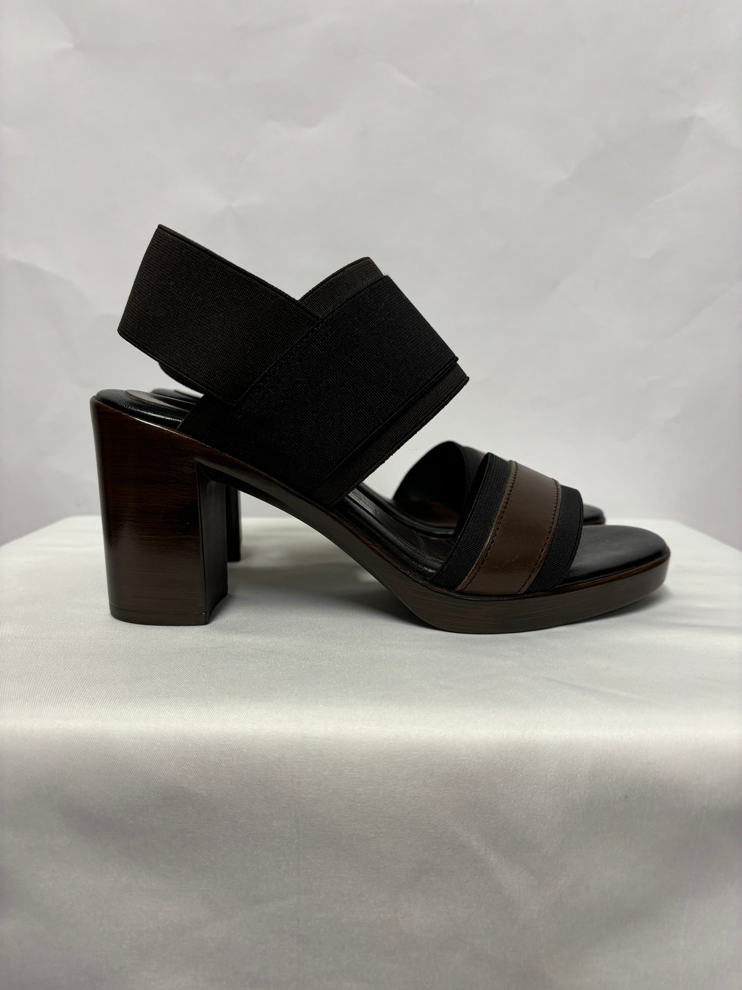 NR Rapisardi Brown and Black Leather Elasticated Block Heel Sandals 5