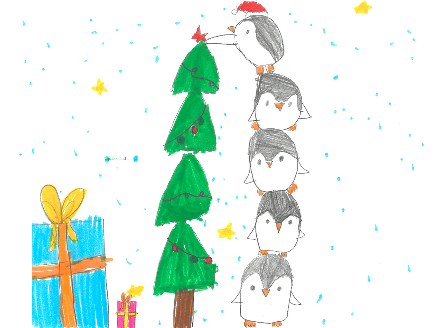 Five penguins standing on top of each other to put the star on the Christmas tree. The one at the top is wearing a Christmas hat. There are some presents to the left of the tree.