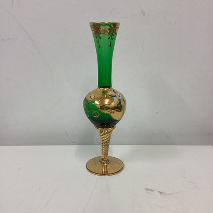 Gold Green Floral Murano Glass Bud Vase