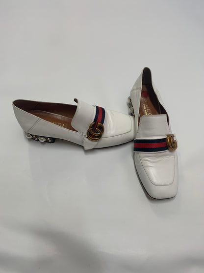 Gucci Off White Leather GG Marmont Pearl Collapsible Mid Heel Loafer Pumps 6