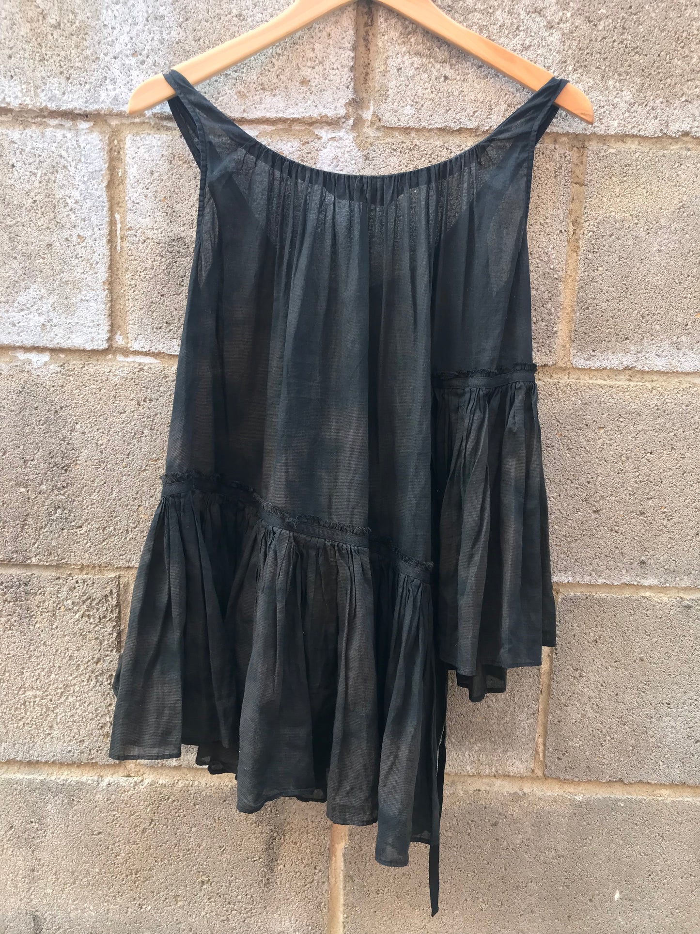 All Saints Size 6 Oversized Ruffled Top, Black/Brown Tie Dye Style Colouring