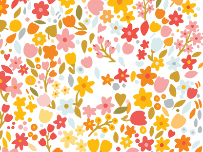 An animated black cat popping up against a background of colourful flowers.