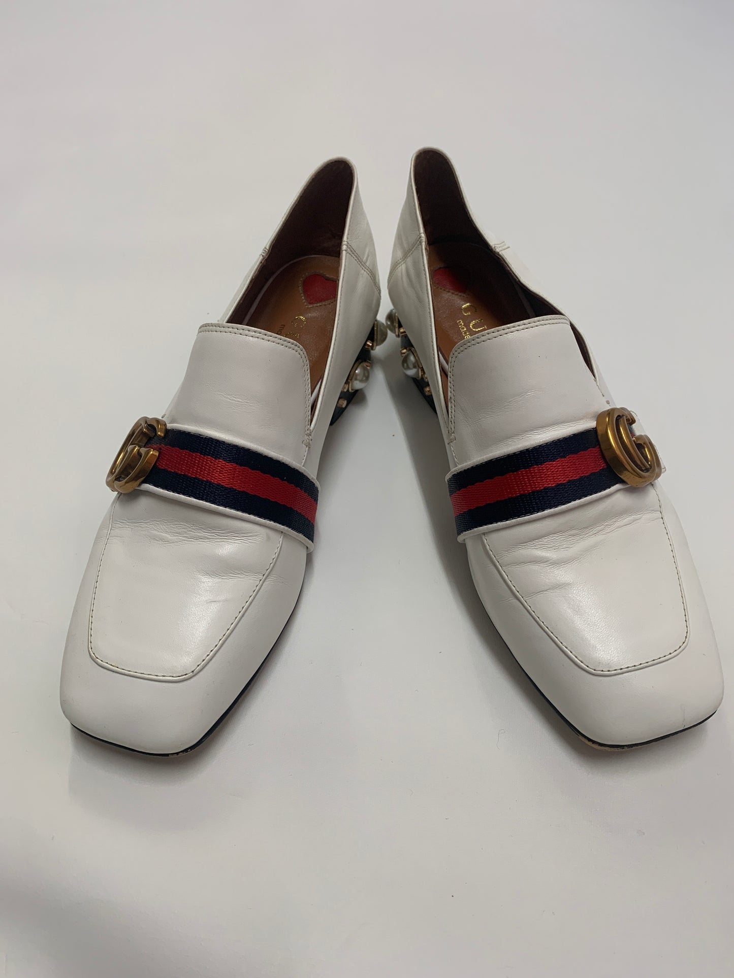 Gucci Off White Leather GG Marmont Pearl Collapsible Mid Heel Loafer Pumps 6