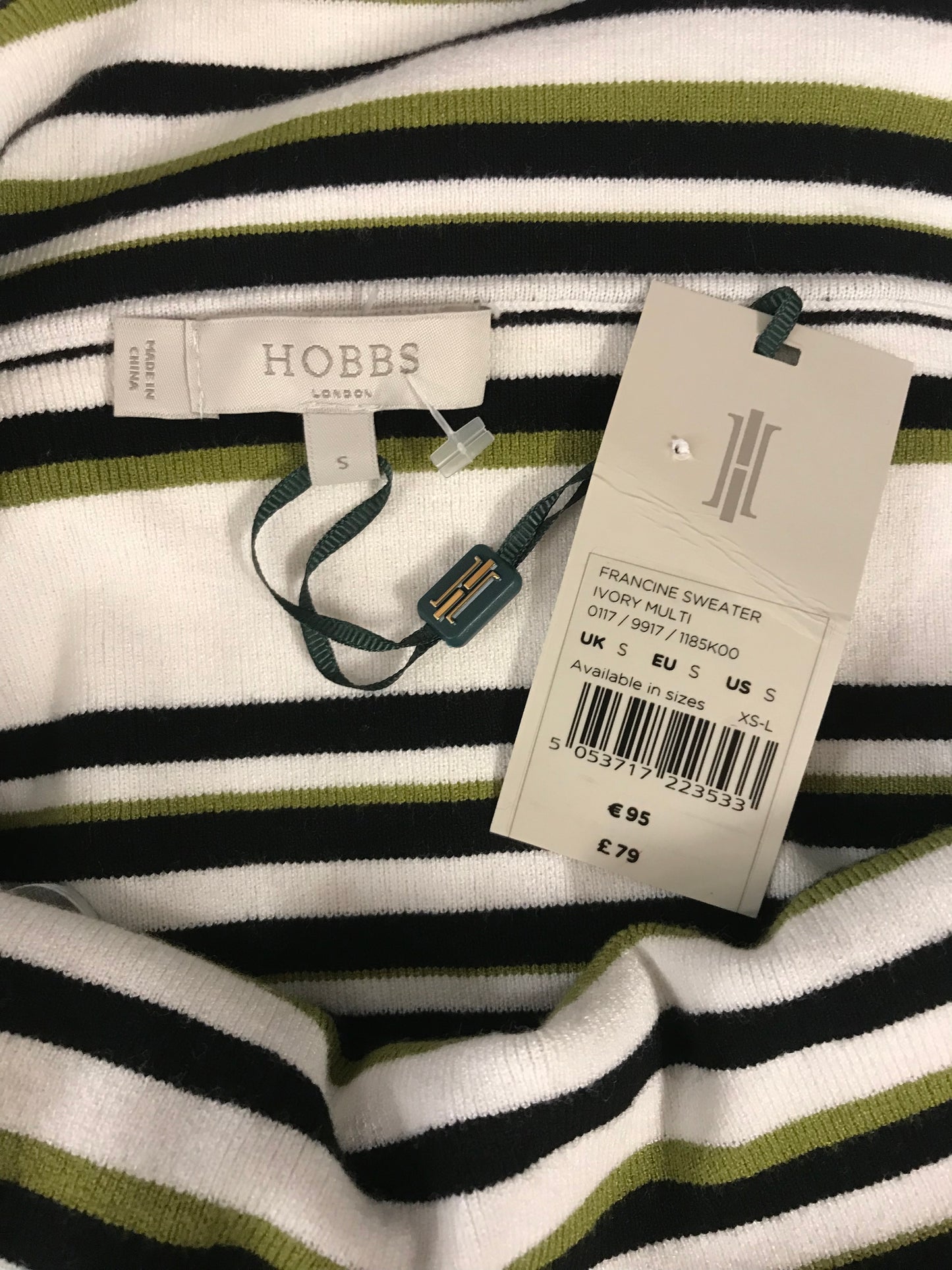 Hobbs BNWT Francine Sweater, Wide Necked Half Sleeved Green, Black and Ivory Size Small/10 RRP £79