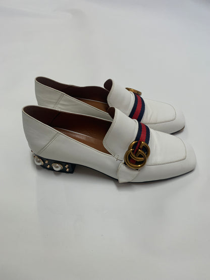 Gucci Off White Leather GG Marmont Pearl Collapsible Mid Heel Loafer Pumps 6